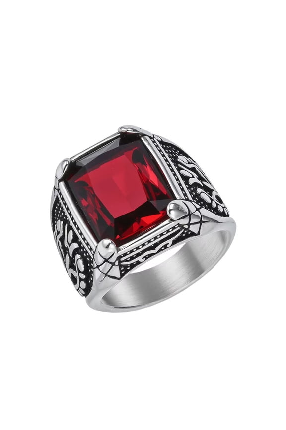 Men's Stainless Steel Gothic Multicoloured Crystal Gemstone Tulip Engraved Chunky Biker Ring Punk Finger Jewelry Silver Red Stone Size 10