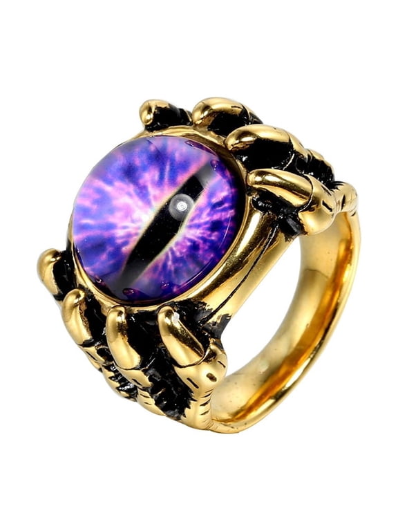 Men's Stainless Steel Gothic Punk Round Eye Gemstone Ring Biker Crystal for Mens Party Gifts Purple Gemstones Gold Size 11