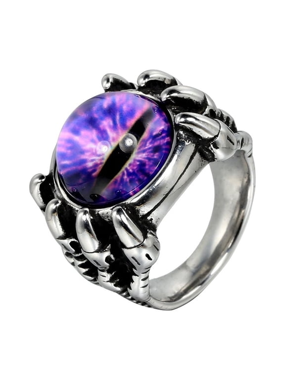 Men's Stainless Steel Gothic Punk Round Eye Gemstone Ring Biker Crystal for Mens Party Gifts Purple Gemstones Silver Size 8
