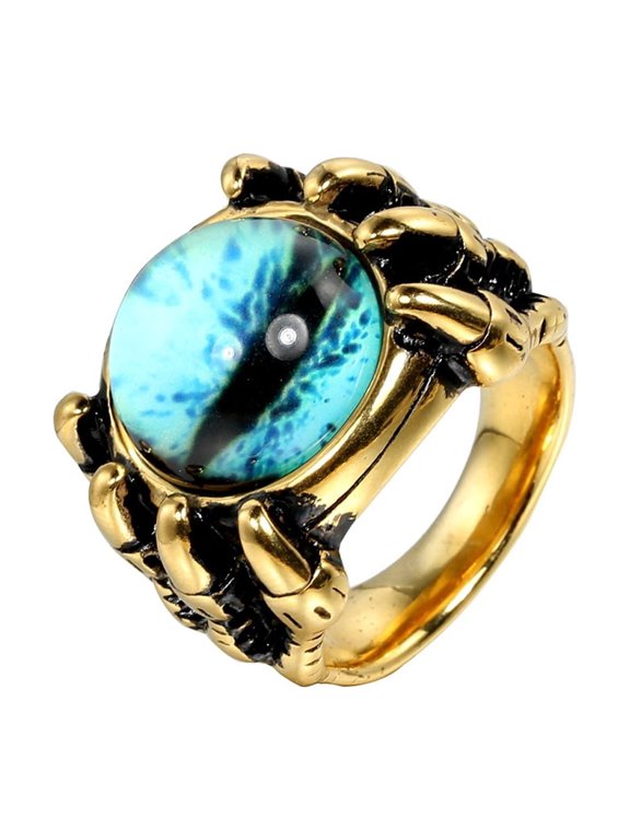 Men's Stainless Steel Gothic Punk Round Eye Gemstone Ring Biker Crystal for Mens Party Gifts Water Blue Gemstones Gold Size 9