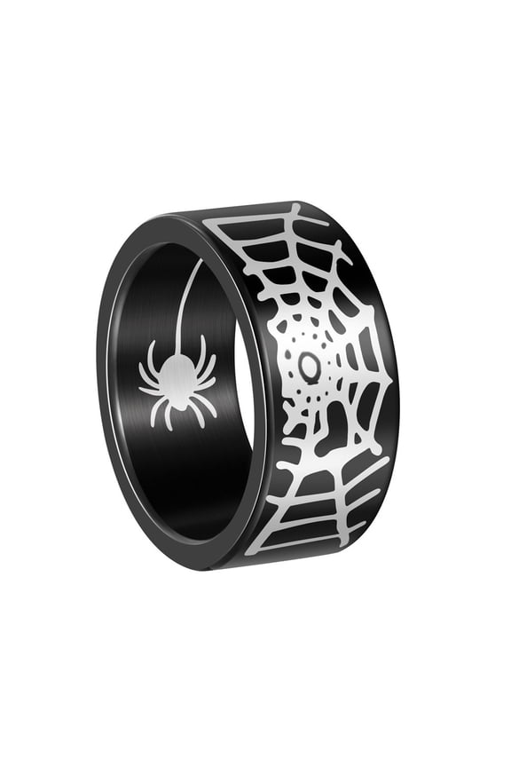 Men's Stainless Steel Gothic Spider Bat Web Wide Statement Ring Hip Hop Plain Plated Biker Finger Band Black Size 12