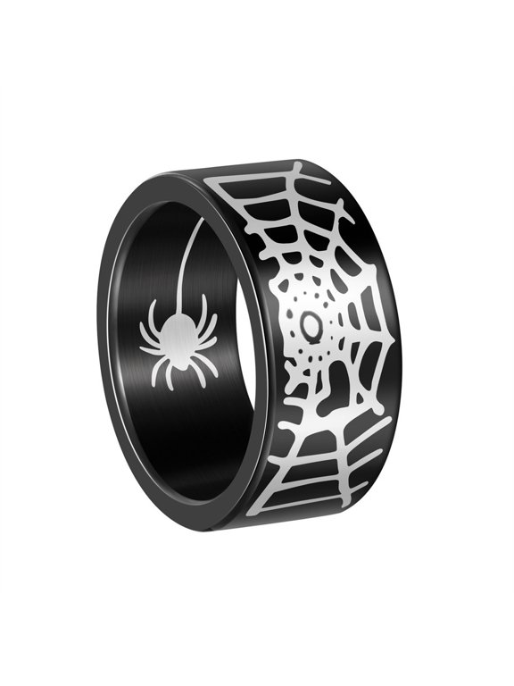 Men's Stainless Steel Gothic Spider Bat Web Wide Statement Ring Hip Hop Plain Plated Biker Finger Band Black Size 13