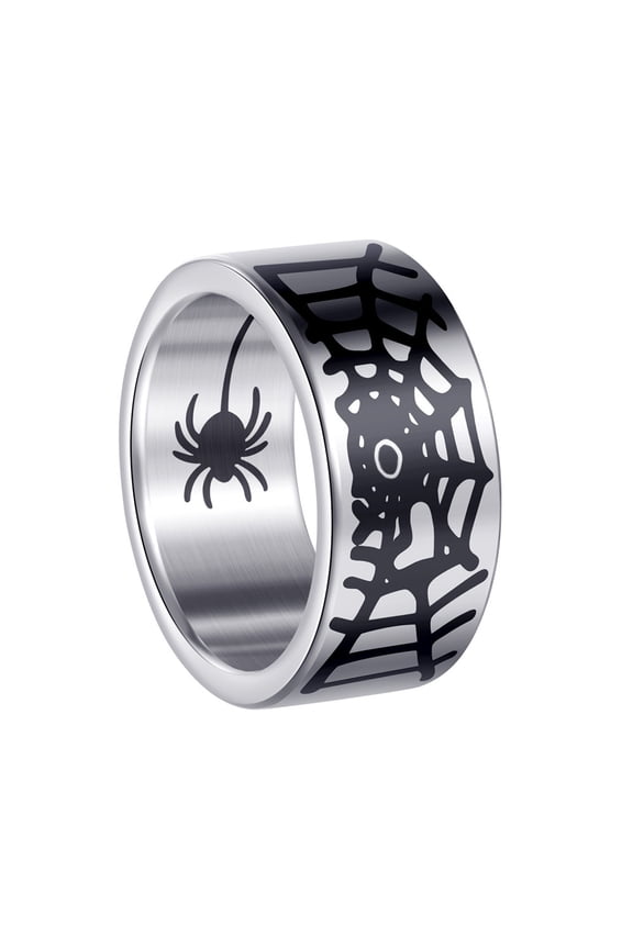 Men's Stainless Steel Gothic Spider Bat Web Wide Statement Ring Hip Hop Plain Plated Biker Finger Band Silver Size 12