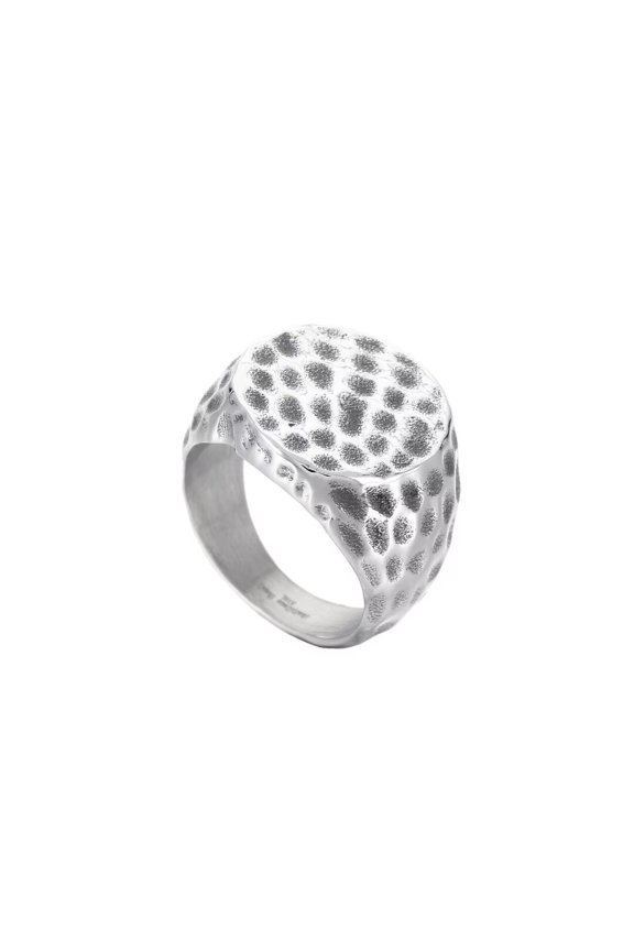 Men's Stainless Steel Hammered Surface Ring Classic Simple Signet Style Pinky Finger Statement Rings Round Silver Size 7