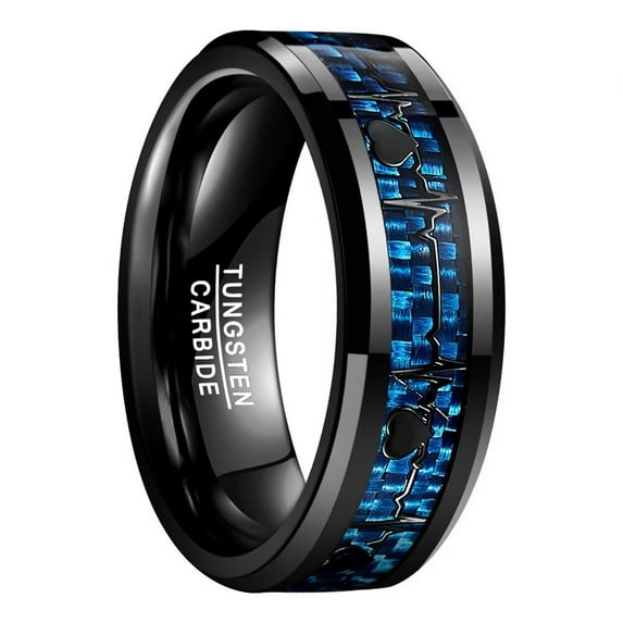 HIJONES Men's Stainless Steel Heartbeat Ring Engagement Wedding Dating Band Jewelry Blue Size 7