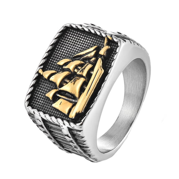 HIJONES Men's Stainless Steel Hip Hop Sailboat Biker Signet Ring Personality Dominant Engraved Party Jewelry Gold Size 9