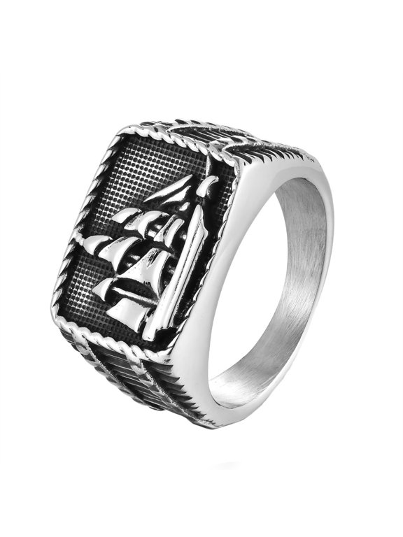 Men's Stainless Steel Hip Hop Sailboat Biker Signet Ring Personality Dominant Engraved Party Jewelry Silver Size 14