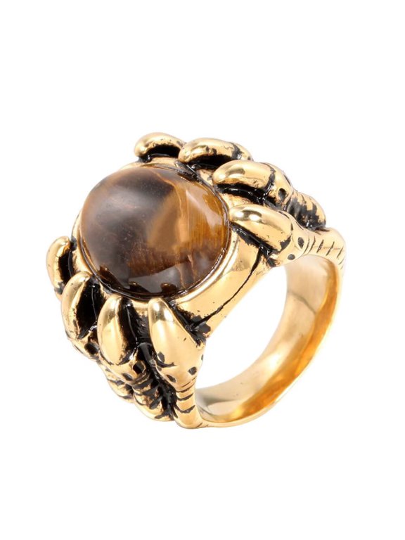 Men's Stainless Steel Large Gemstone Dragon Claw Gothic Chunky Signet Ring Punk Finger Jewellery Gold-Brown Stone Size 10