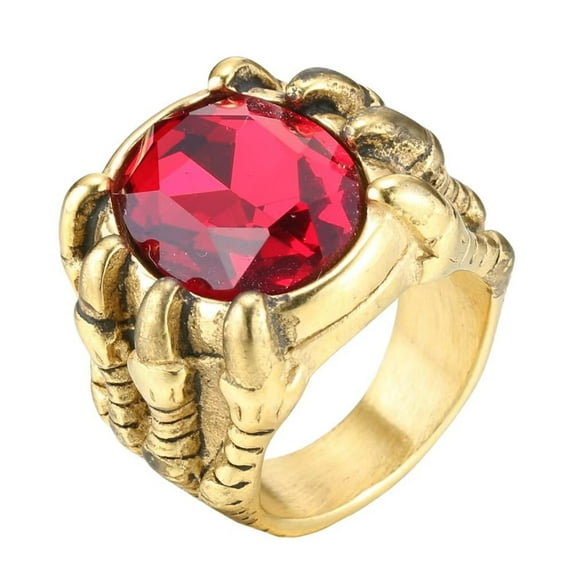 HIJONES Men's Stainless Steel Large Gemstone Dragon Claw Gothic Chunky Signet Ring Punk Finger Jewellery Gold-Red Stone Size 10