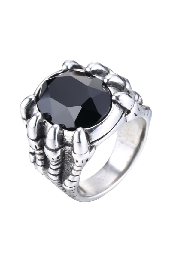 Men's Stainless Steel Large Gemstone Dragon Claw Gothic Chunky Signet Ring Punk Finger Jewellery Silver-Black Stone Size 12