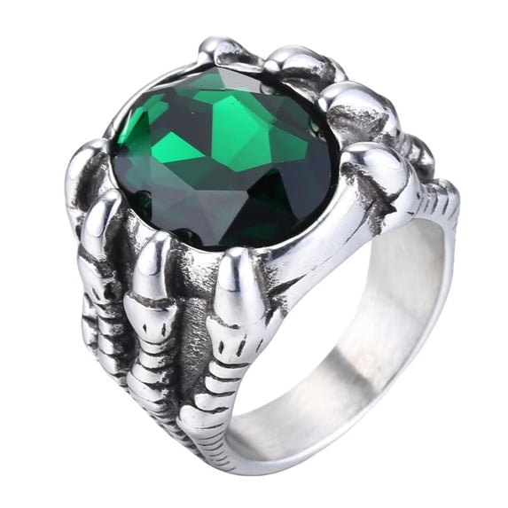 HIJONES Men's Stainless Steel Large Gemstone Dragon Claw Gothic Chunky Signet Ring Punk Finger Jewellery Silver-Green Stone Size 10