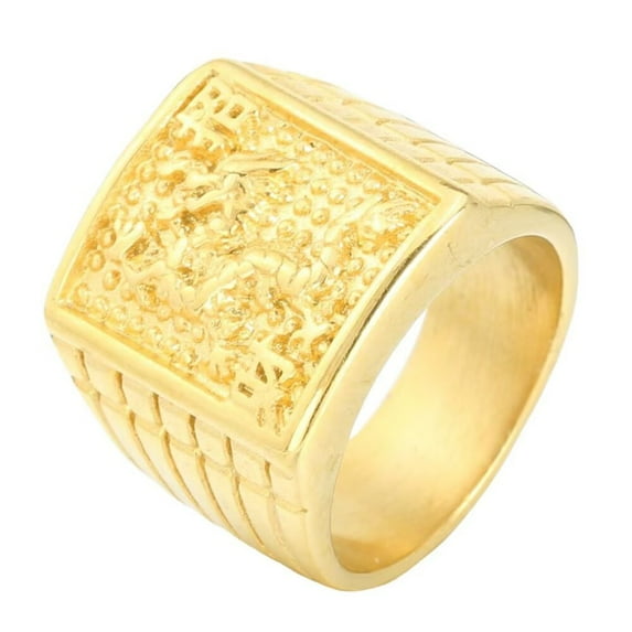 HIJONES Men's Stainless Steel Large Square Fortune Dragon Lucky Ring Rich Wealth Wedding Jewellery Gold Size 7