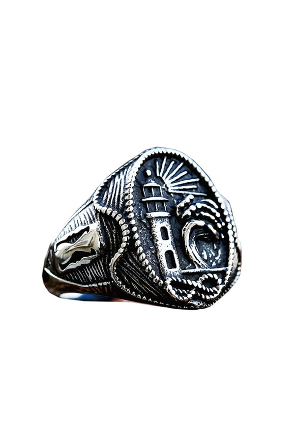 Men's Stainless Steel Lighthouse Vintage Classic Round Signet Ring Cool Engagement Marriage Band Silver Size 13