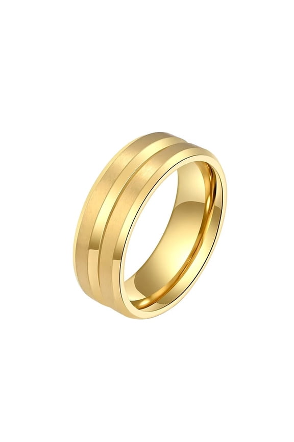 Men's Stainless Steel Matte Brushed Ring with Grooved Design Wedding Band Beveled Edge Comfort Fit Gold Size 9
