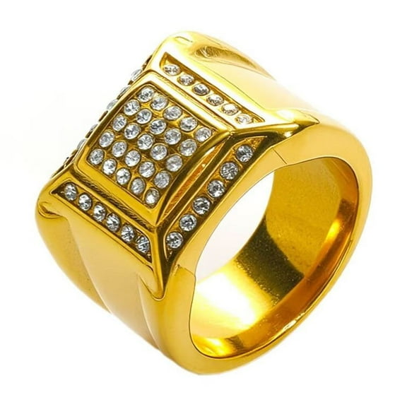 HIJONES Men's Stainless Steel Micro Pave CZ Square Dome Thick Rings Crystal Wedding Finger Band Gold Size 7