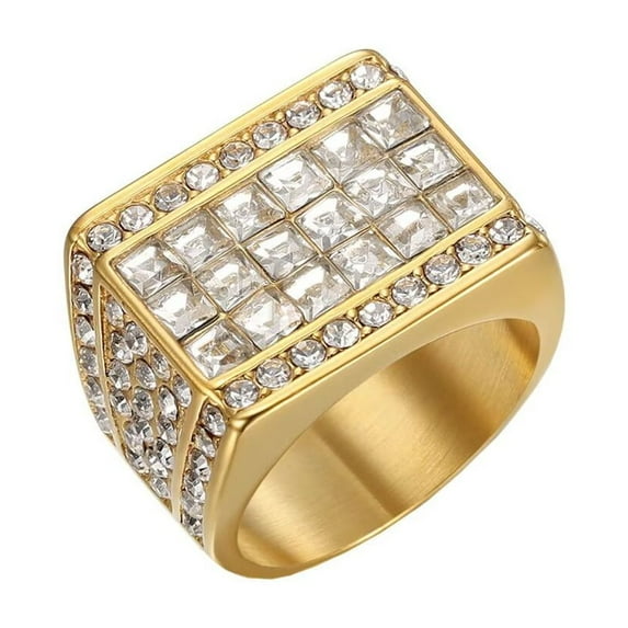HIJONES Men's Stainless Steel Minimalist Square Cut Cubic Zirconia Engagement Rings Crystal Stone Punk Finger Jewellery Gold Size 10
