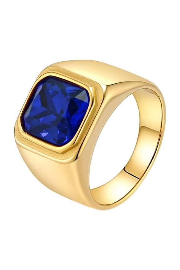 Men's Stainless Steel Minimalist Square Cut Gemstone Signet Biker Rings CZ Crystal Stone Punk Finger Jewellery Gold-Blue Stone Size 11