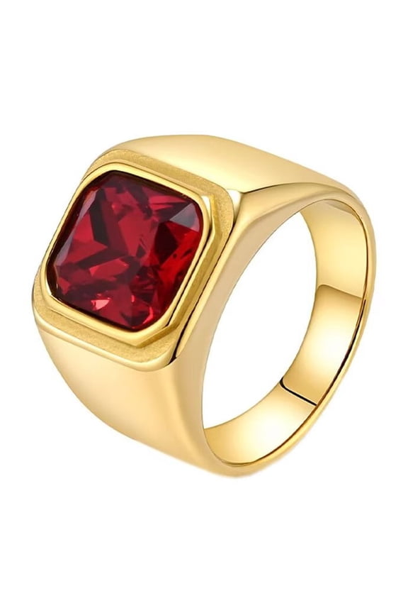 Men's Stainless Steel Minimalist Square Cut Gemstone Signet Biker Rings CZ Crystal Stone Punk Finger Jewellery Gold-Red Stone Size 10