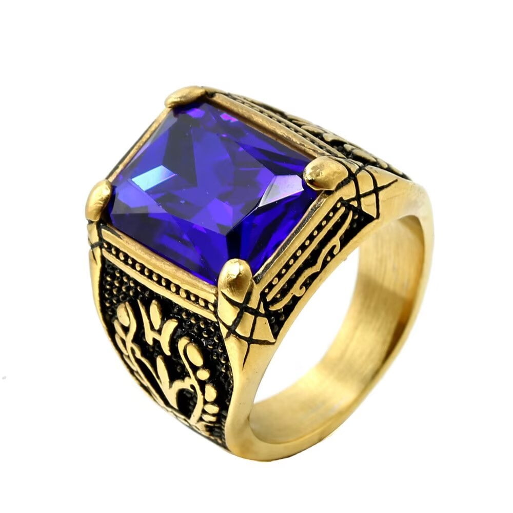 HIJONES Men's Stainless Steel Navy Blue Stone Gem Ring Flower Pinky ...