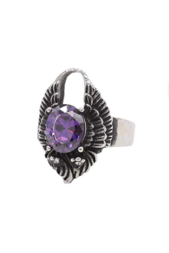 Men's Stainless Steel Oval Gemstome Angel Wing Locking Signet Ring Crystal CZ Wedding Finger Jewelry Silver Purple Stone Size 10