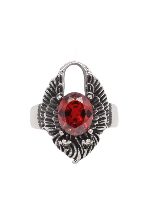 Men's Stainless Steel Oval Gemstome Angel Wing Locking Signet Ring Crystal CZ Wedding Finger Jewelry Silver Red Stone Size 10