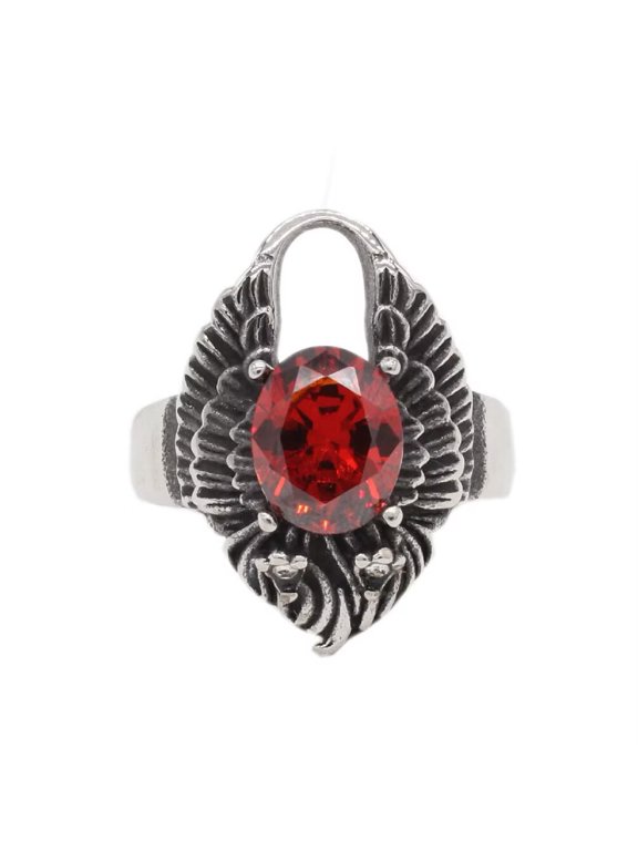 Men's Stainless Steel Oval Gemstome Angel Wing Locking Signet Ring Crystal CZ Wedding Finger Jewelry Silver Red Stone Size 10