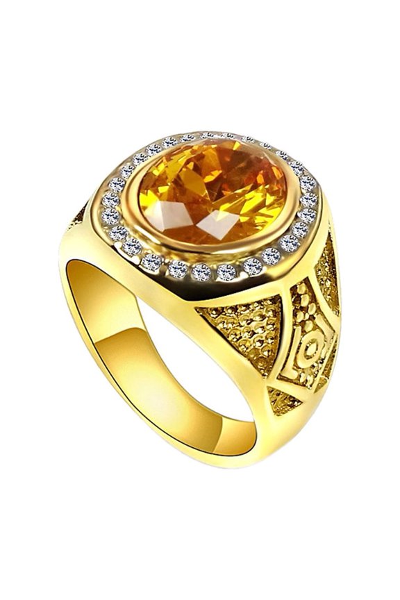 Men's Stainless Steel Oval Yellow Rhinestone Ring Clear CZ Halo Engraved Wedding Rings Size 10
