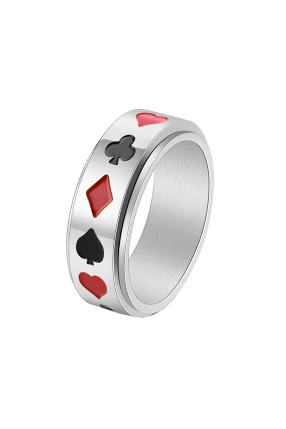 Men's Stainless Steel Playing Card Gamble Rotatable Ring Anxiety Relieves Strees Ring 8MM Silver Size 6