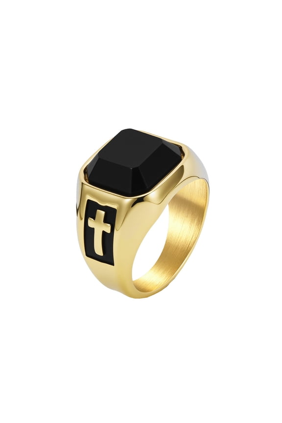Men's Stainless Steel Punk Black Onyx Gemstone Cross Religious Engagement Ring Gold Size 11