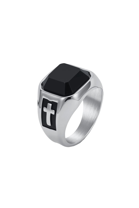 Men's Stainless Steel Punk Black Onyx Gemstone Cross Religious Engagement Ring Silver Size 8