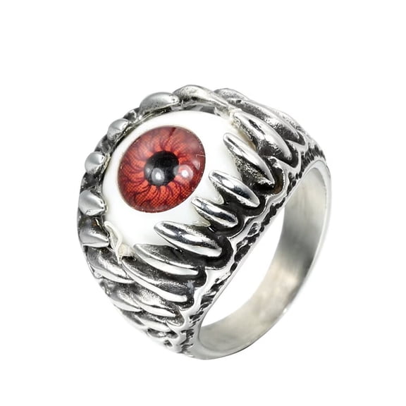 HIJONES Men's Stainless Steel Punk Giant Tooth Claw Eye Gemstone Biker Ring Gothic Titanium Chunky Finger Band Silver Red Stone Size 8