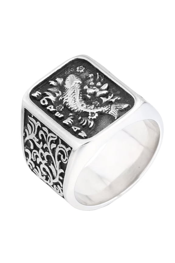 Men's Stainless Steel Punk Koi Carp Lotus Engraved Chucky Statement Ring Lucky Biker Band Silver Size 7
