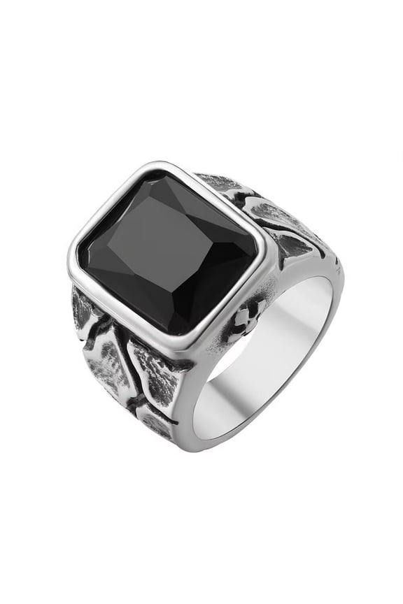 Men's Stainless Steel Punk Large Cut Gemstone Crystal Engraved Wedding Ring Gothic Titanium Biker Jewelry Black Stone Size 10