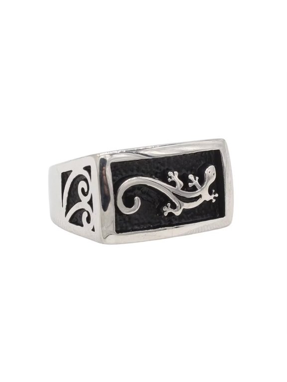 Men's Stainless Steel Punk Rectangle Lizard Engraved Signet Rings Gothic Animal Titanium Biker Band Silver Size 11
