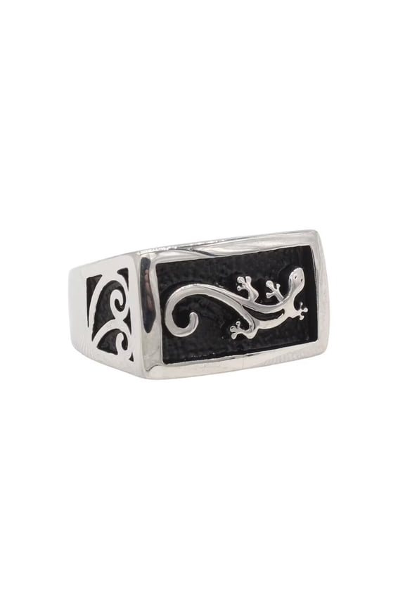 Men's Stainless Steel Punk Rectangle Lizard Engraved Signet Rings Gothic Animal Titanium Biker Band Silver Size 8
