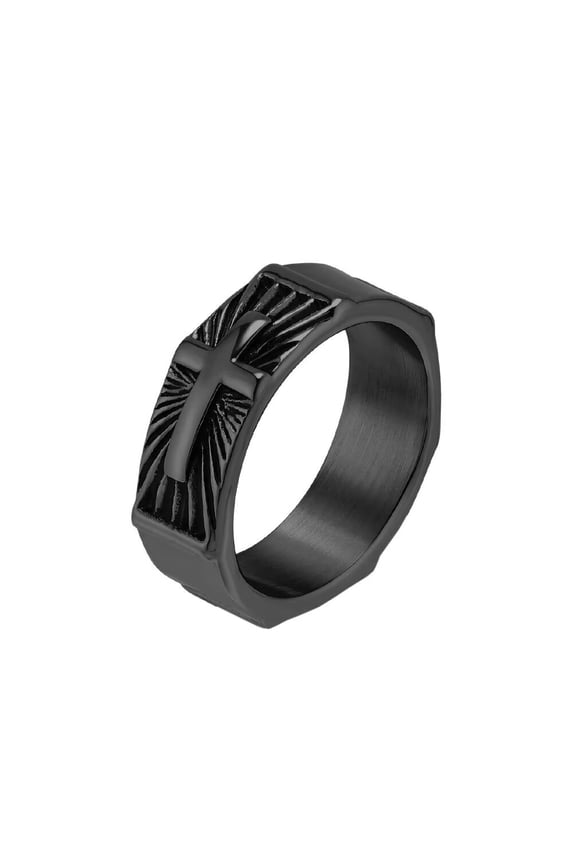 Men's Stainless Steel Punk Rectangle Raised Faith Cross Engraved Signet Rings Gothic Titanium Biker Band Black Size 9