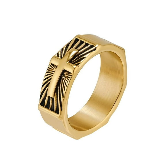 HIJONES Men's Stainless Steel Punk Rectangle Raised Faith Cross Engraved Signet Rings Gothic Titanium Biker Band Gold Size 9