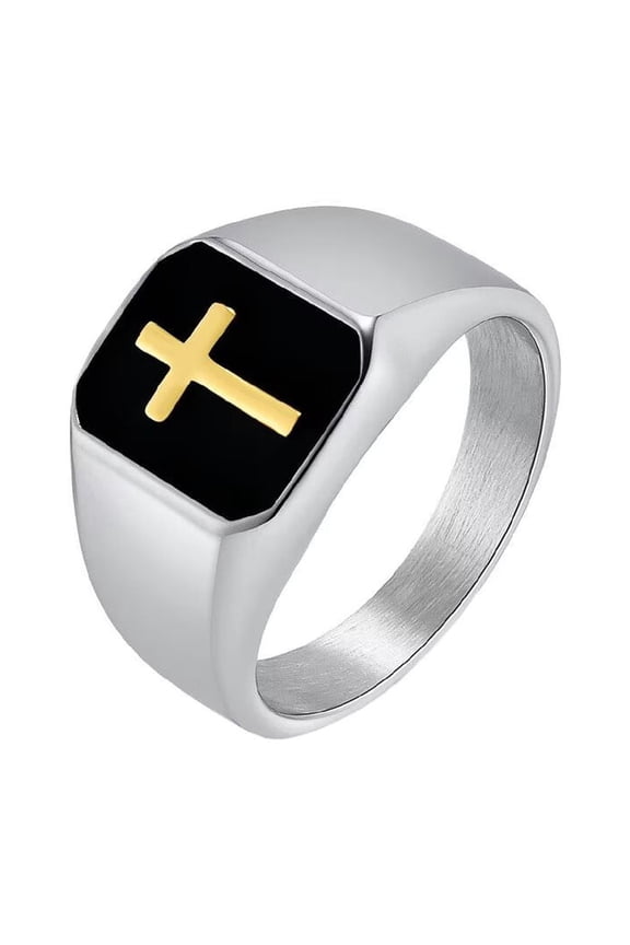 Men's Stainless Steel Punk Square Faith Cross Enamel Statement Ring Gothic Biker Finger Jewellery Gold Size 7