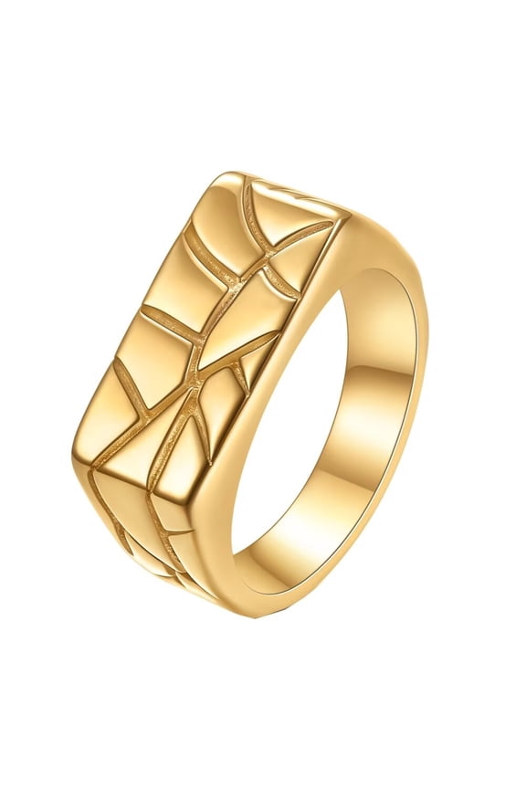 Men's Stainless Steel Rectangular Geometric Crackle Signet Ring Irregular Width Lucky Ring Band Gold Size 6
