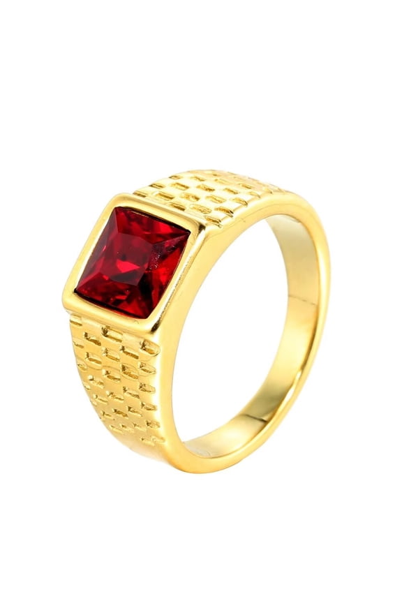 Men's Stainless Steel Red Stone Ring Square Gemstone Pinky Finger Rings with Crystal Statement Jewelry Gold Plated Size 8