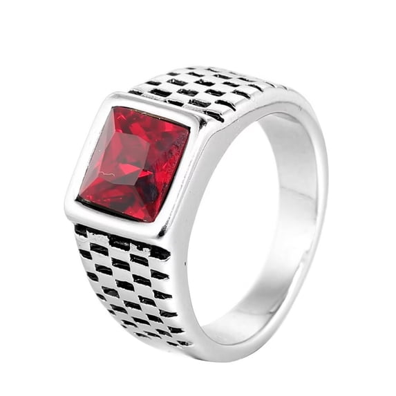 HIJONES Men's Stainless Steel Red Stone Ring Square Gemstone Pinky Finger Rings with Crystal Statement Jewelry Silver Size 10