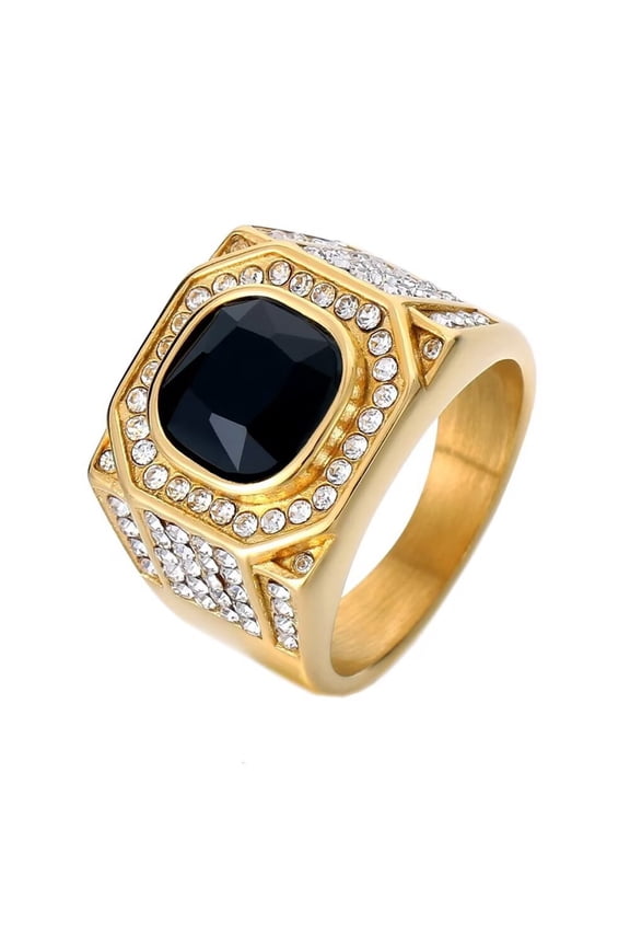 Men's Stainless Steel Rock Iced Out Zirconia Glass Gemstone Wedding Ring Titanium Micro Pave CZ Biker Charm Finger Jewelry Gold Black Stone Size 11