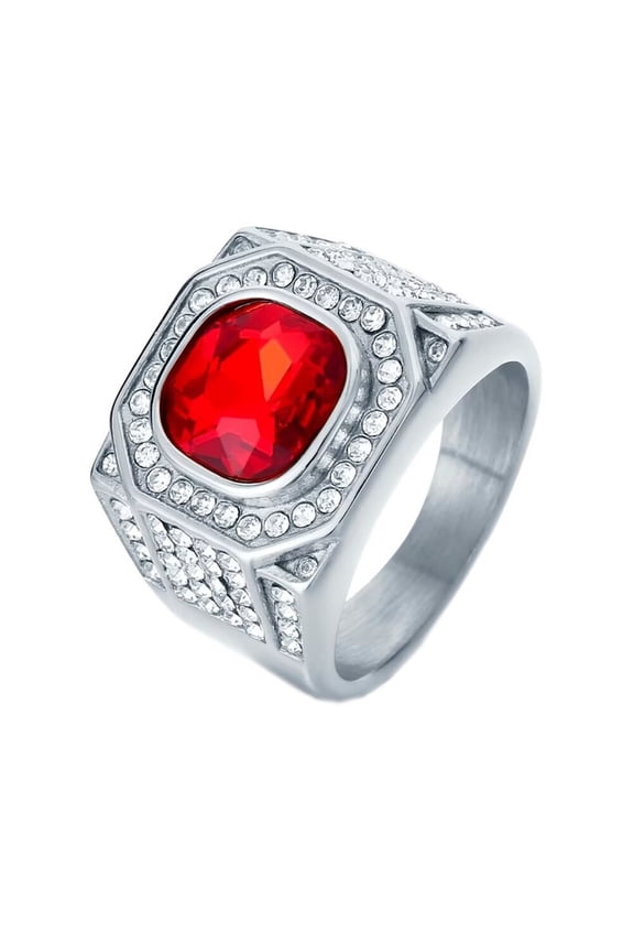 Men's Stainless Steel Rock Iced Out Zirconia Glass Gemstone Wedding Ring Titanium Micro Pave CZ Biker Charm Finger Jewelry Silver Red Stone Size 13