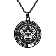 HIJONES Mens Stainless Steel Round Coin Zodiac Constellation Pendant Necklace Amulet Necklace for Women Men Gift Black Cancer