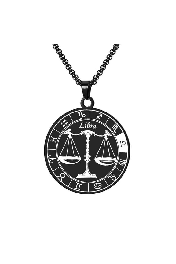 Men's Stainless Steel Round Coin Zodiac Constellation Pendant Necklace Amulet Necklace for Women Men Gift Black Libra
