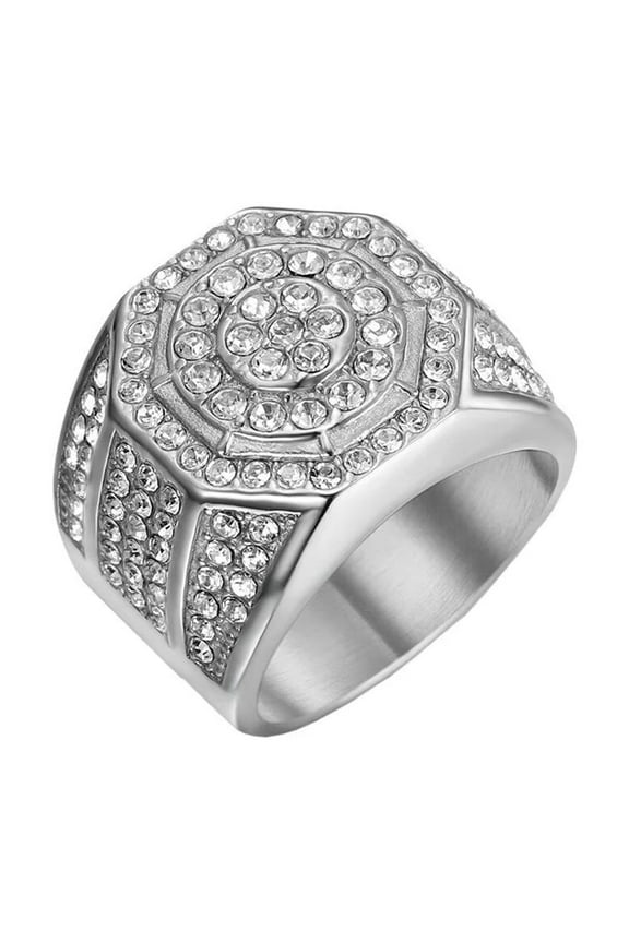 Men's Stainless Steel Round-Cut Cubic Zirconia Octagon Engagement Rings Crystal Stone Punk Finger Jewellery Silver Size 13