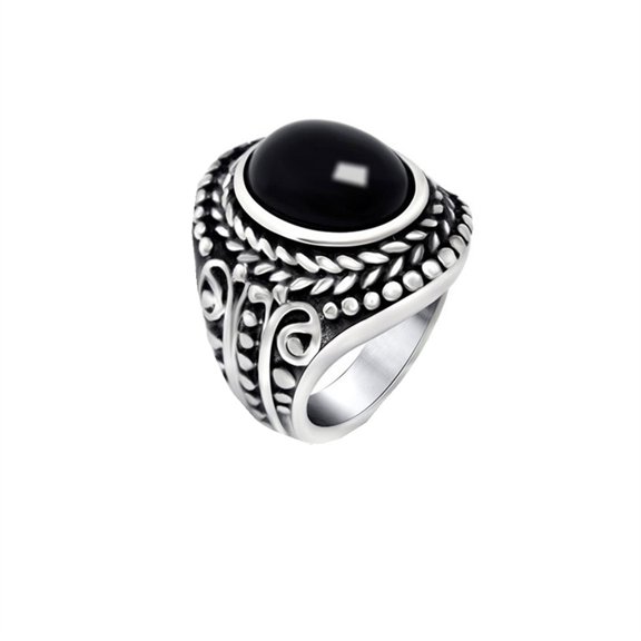 HIJONES Men's Stainless Steel Round Gemstone Wheat Rope Twisted Engraved Chunky Biker Ring Band Silver Black Stone Size 10