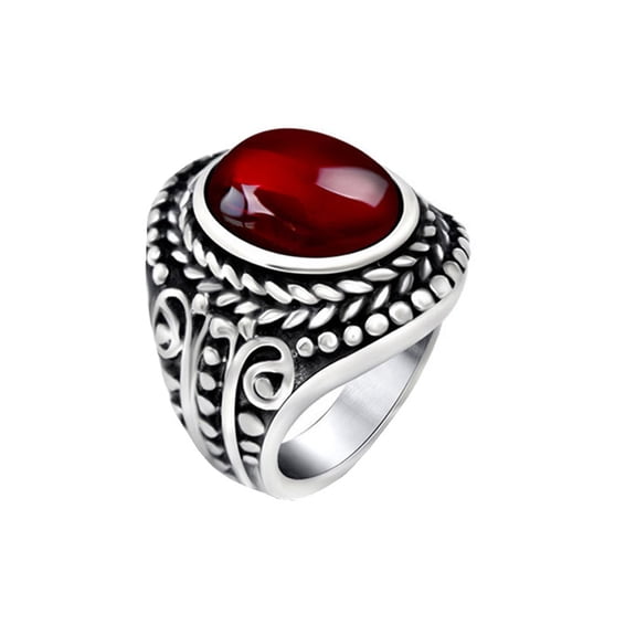 HIJONES Men's Stainless Steel Round Gemstone Wheat Rope Twisted Engraved Chunky Biker Ring Band Silver Red Stone Size 9