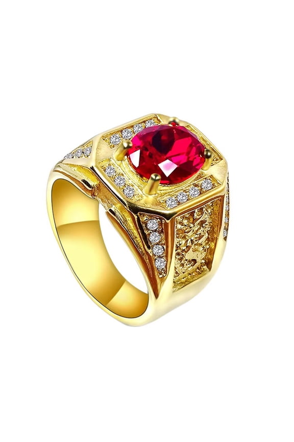 Men's Stainless Steel Round Multicolor Gemstone Ring Circumference Sticky Zirconia Vintage Classic Chinese Gold Dragon Jewelry Red Size 12