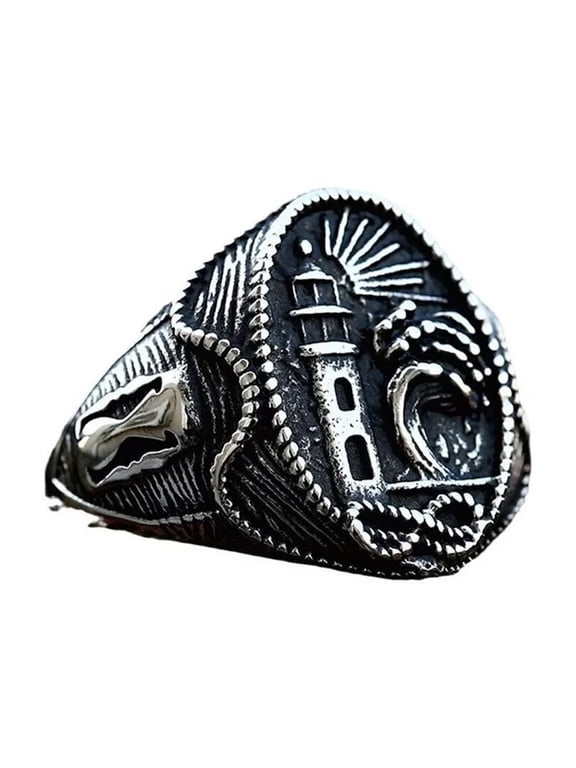 Men's Stainless Steel Silver Engraved Ocean Lighthouse Ring Vintage Classic Punk Gothic Jewelry Size 12